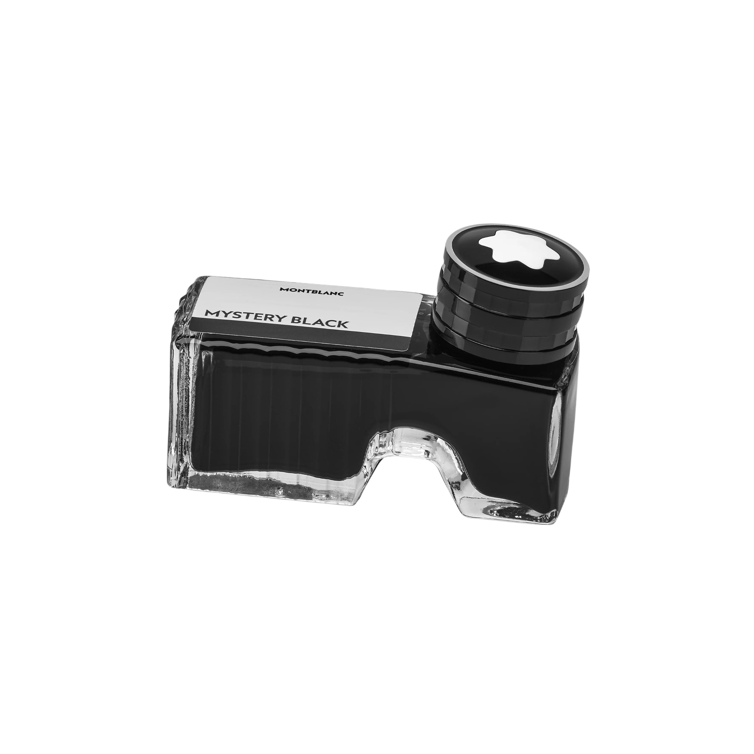 A Montblanc, Ink Bottle with 60ml of Mystery Black ink, containing a front compartment for emptying residue into.
