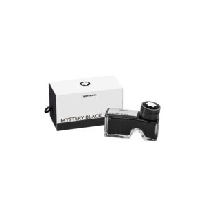 A Montblanc, Ink Bottle with 60ml of Mystery Black ink, containing a front compartment for emptying residue into.