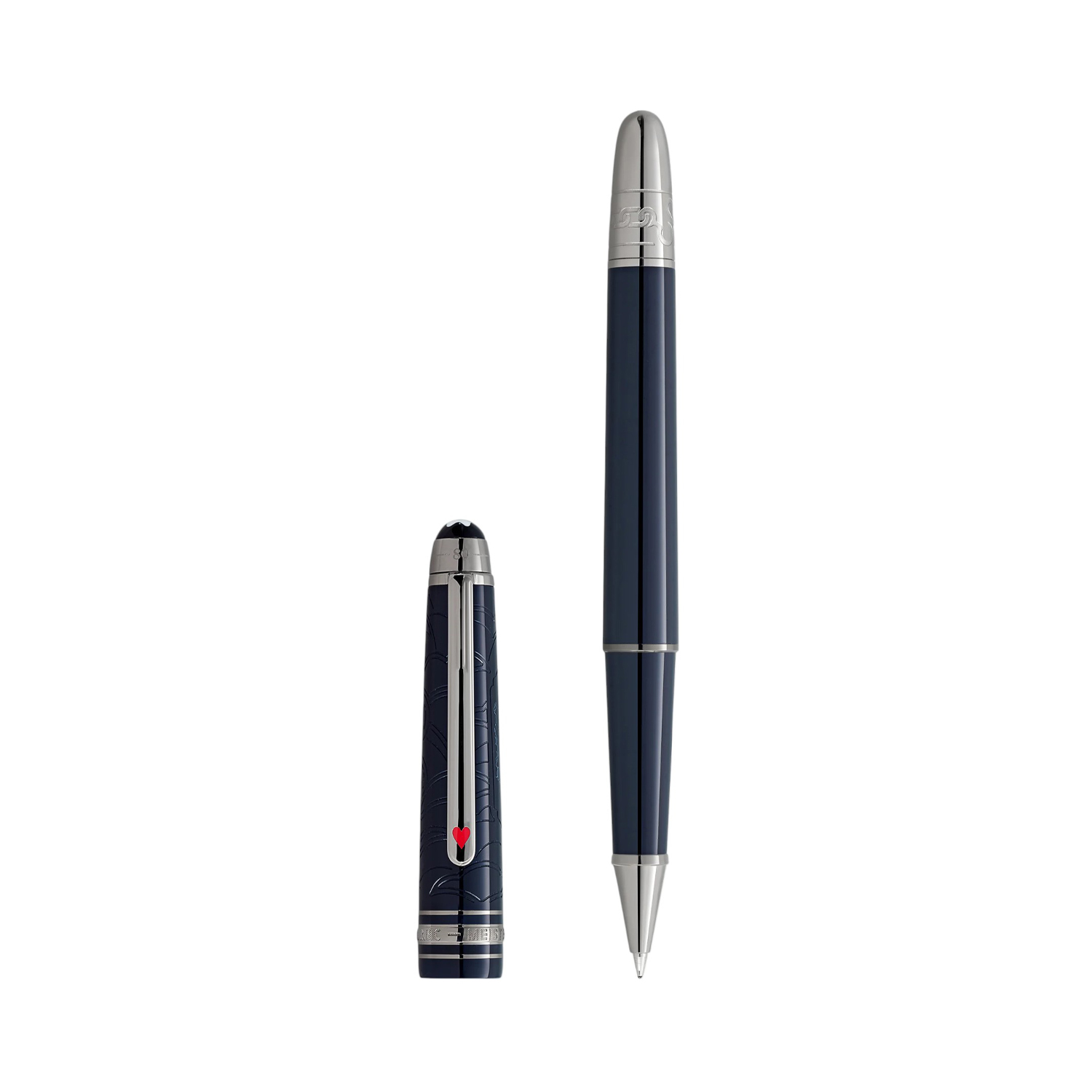 A Montblanc, Meisterstück Around The World In 80 Days Classique Rollerball pen crafted in dark blue precious resin and a clip featuring a red laquered heart.