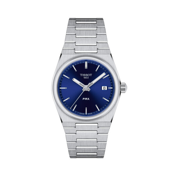 Tissot, PRX with a 35mm stainless steel case and bracelet strap featuring a date function and a blue dial.
