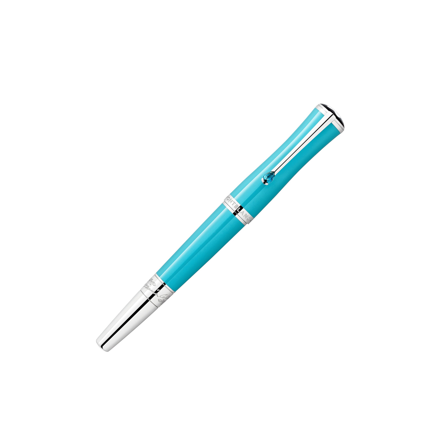 A Montblanc, Muses Maria Callas Special Edition Rollerball Pen crafted in turquoise precious resin featuring a platinum-coated clip, set with an elegant synthetic stone.