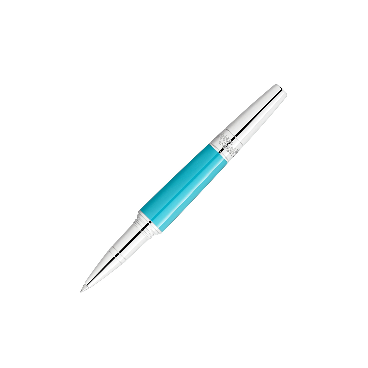 A Montblanc, Muses Maria Callas Special Edition Rollerball Pen crafted in turquoise precious resin featuring a platinum-coated clip, set with an elegant synthetic stone.