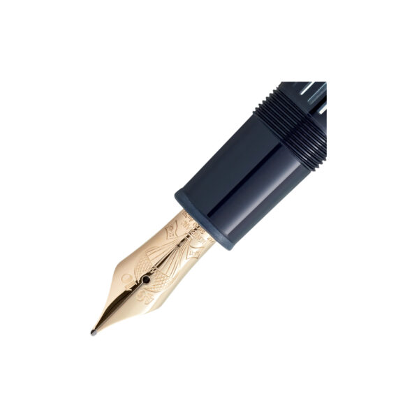 A Montblanc, Meisterstück Around The World In 80 Days LeGrand Fountain Pen crafted in dark blue precious resin featuring a 14ct gold nib marked with 14/11 and 21/12 – a reminder of Mr Fogg’s departure and return dates.