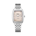 Rotary, Ultra Slim Tonneau with a 35mm stainless steel case and bracelet strap featuring a date function and a pink dial.