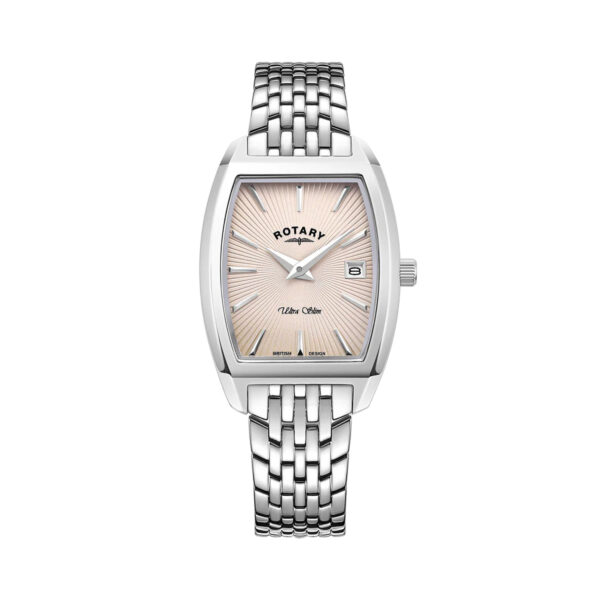 Rotary, Ultra Slim Tonneau with a 35mm stainless steel case and bracelet strap featuring a date function and a pink dial.