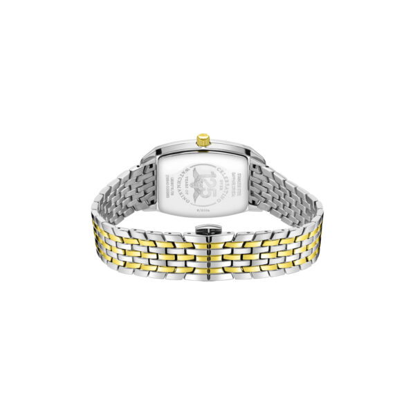 Rotary, Ultra Slim Tonneau with a 35mm stainless steel and yellow gold PVD coated case and bracelet strap featuring a silver guilloche dial.