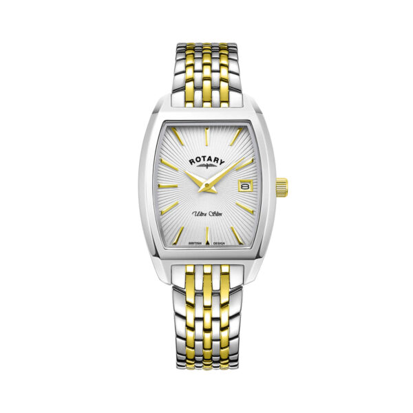 Rotary, Ultra Slim Tonneau with a 35mm stainless steel and yellow gold PVD coated case and bracelet strap featuring a silver guilloche dial.