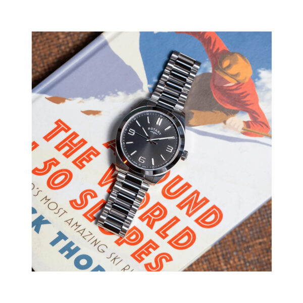 Rotary, Heritage Sport with a 40mm stainless steel case and bracelet strap featuring a black dial.