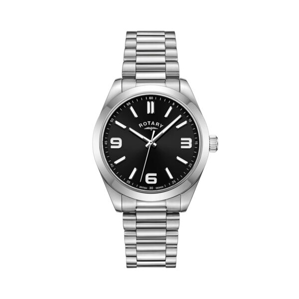 Rotary, Heritage Sport with a 40mm stainless steel case and bracelet strap featuring a black dial.