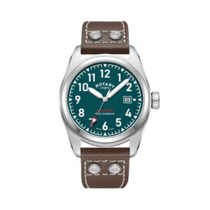Rotary, RW 1895 Commando Pilot with a 42mm stainless steel case and a brown leather strap featuring a date function and a green dial.