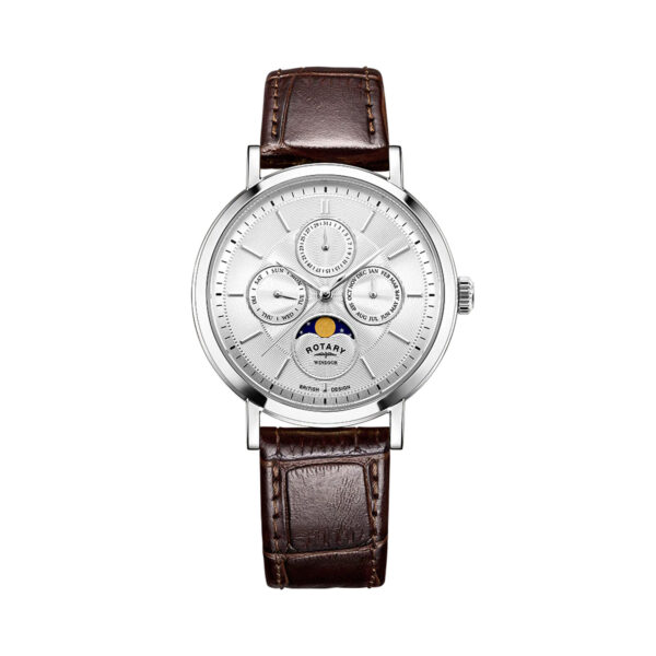 Rotary, Moonphase Dress Watch with a 38mm stainless steel case and a brown leather strap featuring a moonphase with a silver dial.