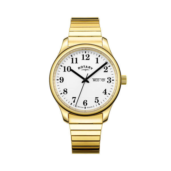 Rotary, Expander with a 38mm stainless steel gold PVD coated case and bracelet strap featuring a day date function and a white dial.