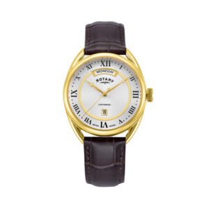 Rotary, Traditional with a 38mm stainless steel gold PVD coated case and a brown leather strap featuring a day date function and a silver dial.