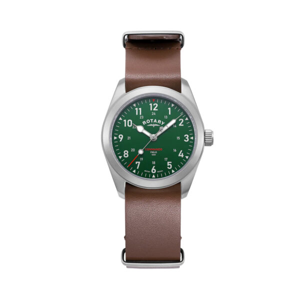 Rotary, RW 1895 Commando Field Watch with a 37mm stainless steel case and a brown leather strap featuring a green dial.