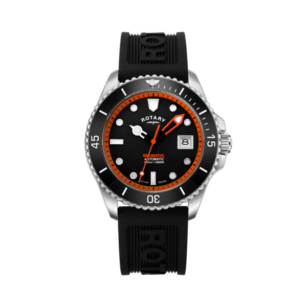Rotary, Henley Seamatic with a 42mm stainless steel case and a black rubber strap featuring a date function and a black dial with a black and red bezel.