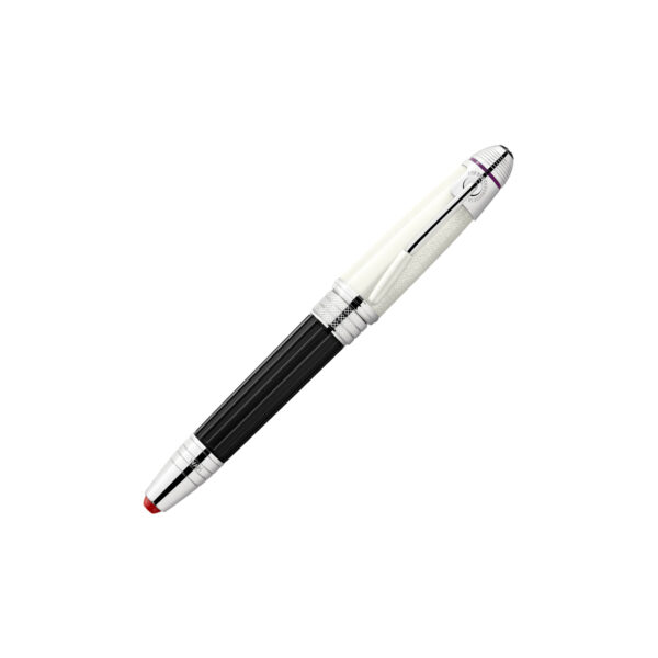 A Montblanc, Great Characters Jimi Hendrix Special Edition Fountain Pen crafted from black precious resin featuring a platinum-coated clip resembling the vibrato bar of an electric guitar and a handcrafted Au 585 solid gold nib with rhodium coating bearing a portrait of Jimi Hendrix.