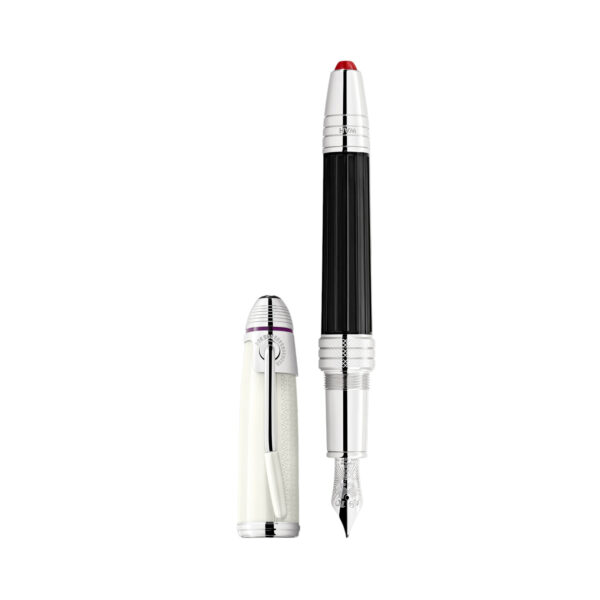 A Montblanc, Great Characters Jimi Hendrix Special Edition Fountain Pen crafted from black precious resin featuring a platinum-coated clip resembling the vibrato bar of an electric guitar and a handcrafted Au 585 solid gold nib with rhodium coating bearing a portrait of Jimi Hendrix.