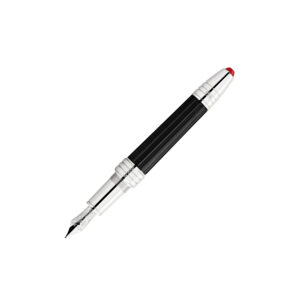 A Montblanc, Great Characters Jimi Hendrix Special Edition Fountain Pen crafted from black precious resin featuring a platinum-coated clip resembling the vibrato bar of an electric guitar and a handcrafted Au 585 solid gold nib with rhodium coating bearing a portrait of Jimi Hendrix.