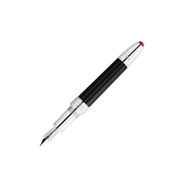A Montblanc, Great Characters Jimi Hendrix Special Edition Fountain Pen crafted from black precious resin featuring a platinum-coated clip resembling the vibrato bar of an electric guitar and a handcrafted Au 585 solid gold nib with rhodium coating bearing a portrait of Jimi Hendrix.