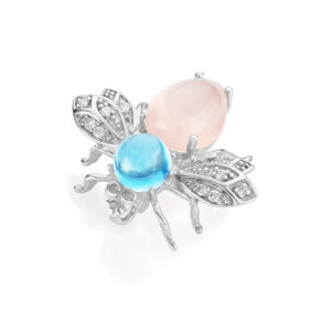 An 18ct white gold blue topaz, diamond and rose quartz bee brooch.