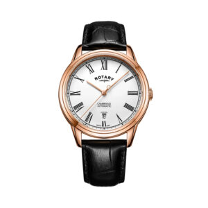 Rotary, Silver Dial Dress Watch with a 40.5mm stainless steel rose gold PVD coated case with a brown leather strap featuring a date funtion and a white dial.