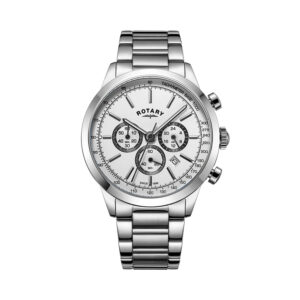 Rotary, Chronograph Dress Watch with a 42mm stainless steel case and bracelet strap featuring a three dial chronograph and a white dial.