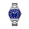 Rotary, Henley GMT with a 41mm stainless steel case and bracelet strap featuring a date function and a blue dial and bezel.
