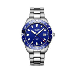 Rotary, Henley GMT with a 41mm stainless steel case and bracelet strap featuring a date function and a blue dial and bezel.