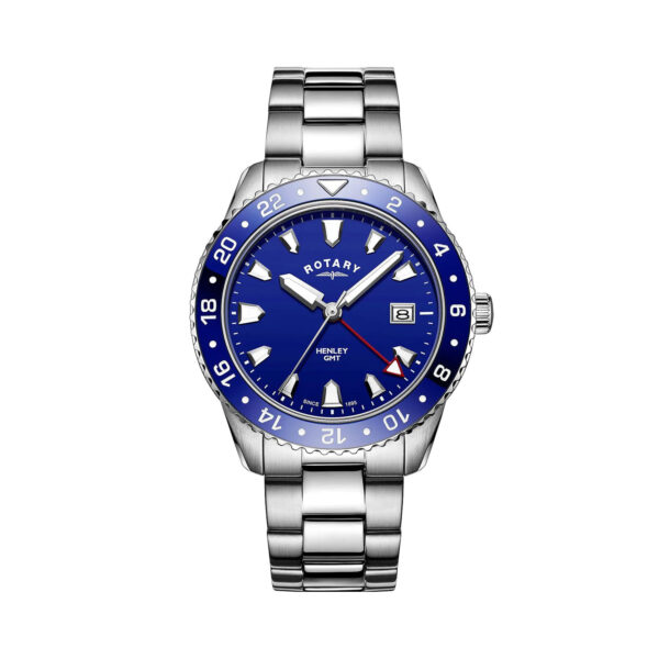 Rotary, Henley GMT with a 41mm stainless steel case and bracelet strap featuring a date function and a blue dial and bezel.