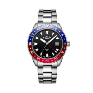 Rotary, Henley GMT with a 41.5mm stainless steel case and bracelet strap featuring a date function with a black dial and a blue and red bezel.