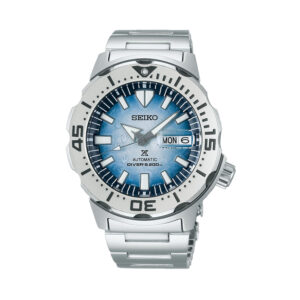 Seiko, Prospex Antarctica 'Monster' Save The Ocean with a 42mm stainless steel case and bracelet strap featuring a day date function, a grey bezel and a blue dial.