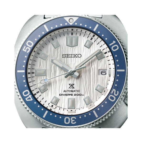 Seiko, Prospex 1970 Heritage Save The Ocean 'Glacier' Special Edition with a 42.6mm stainless steel case and bracelet strap featuring a date function and a white textured dial.