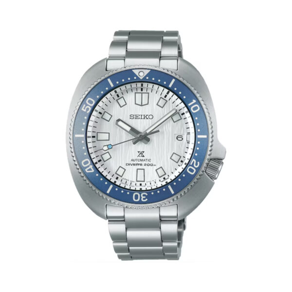 Seiko, Prospex 1970 Heritage Save The Ocean 'Glacier' Special Edition with a 42.6mm stainless steel case and bracelet strap featuring a date function and a white textured dial.
