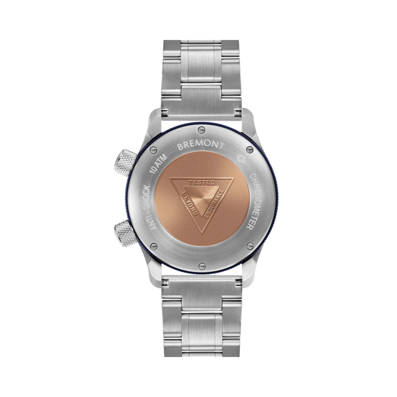 Bremont, MBII with a 43mm stainless steel case and bracelet strap featuring a date function and a blue dial.