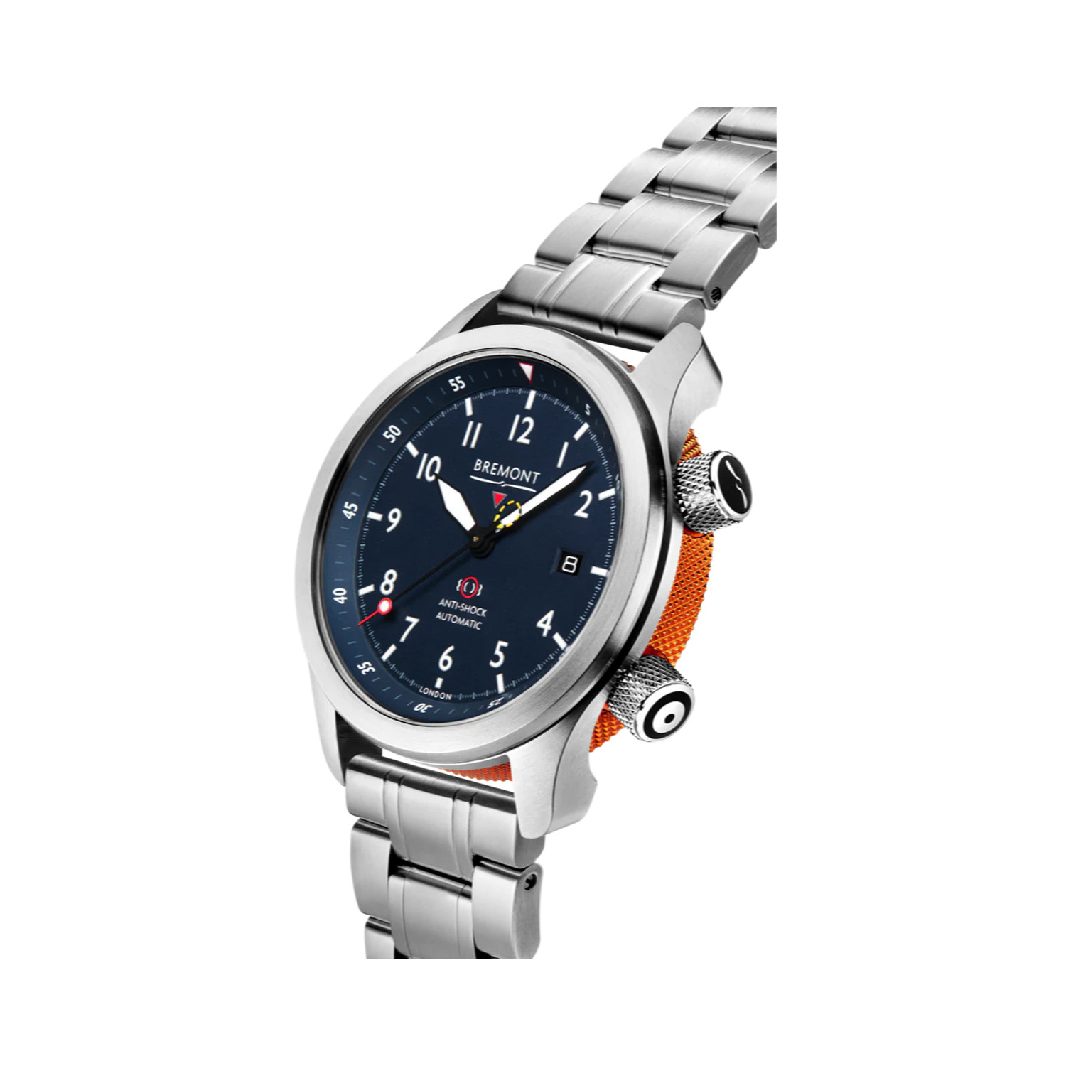 Bremont, MBII with a 43mm stainless steel case and bracelet strap featuring a date function and a blue dial.