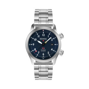 Bremont, MBII with a 43mm stainless steel case and bracelet strap featuring a date function and a blue dial.