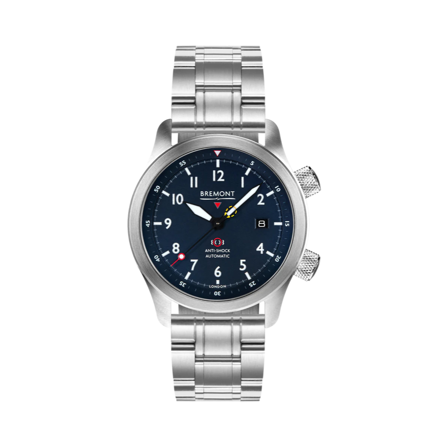 Bremont, MBII with a 43mm stainless steel case and bracelet strap featuring a date function and a blue dial.