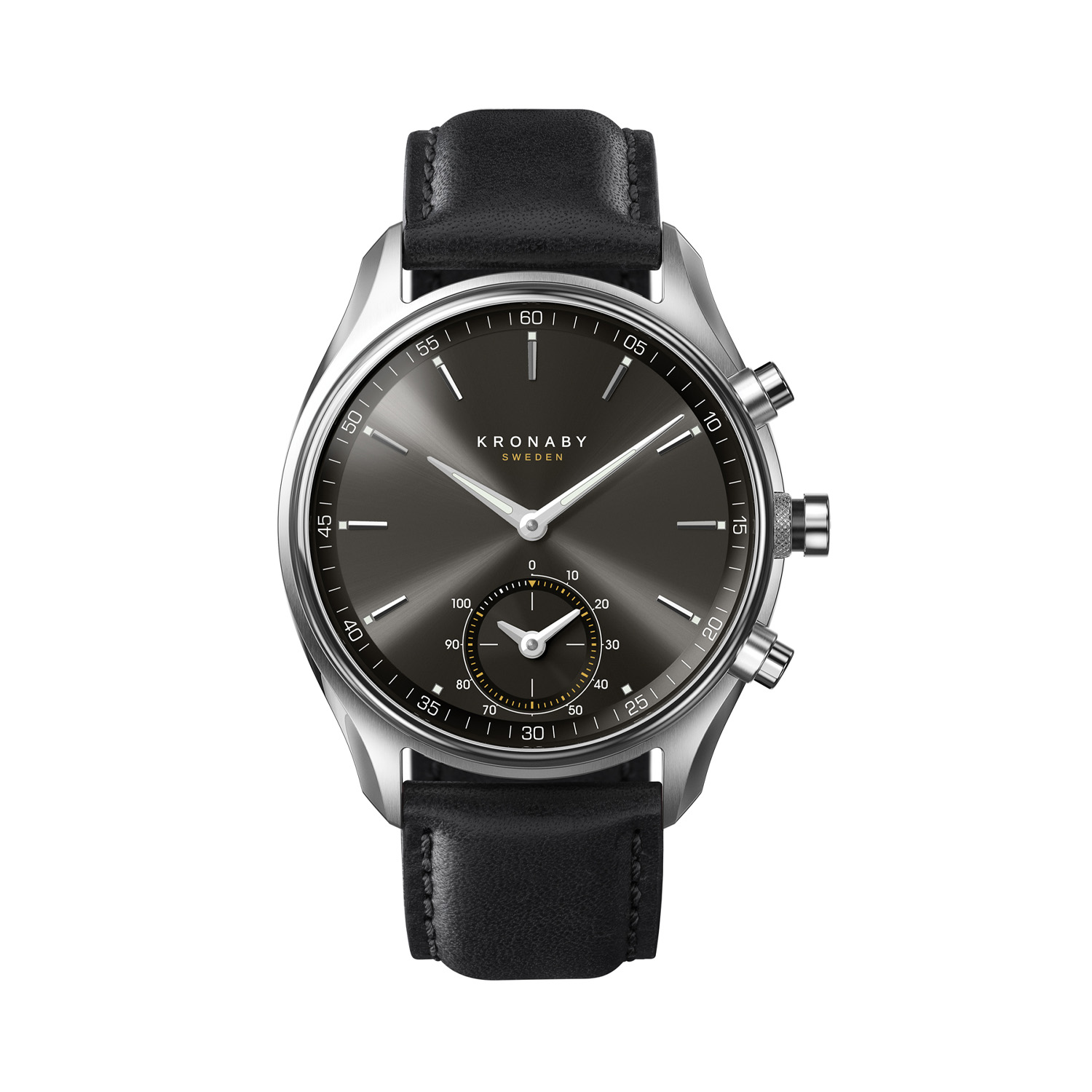 Kronaby's Sekel 43 black leather hybrid smartwatch is the perfect accessory, with a nod to traditional watchmaking and seamlessly adding modern technology.