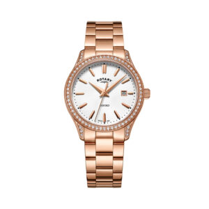 Rotary, Oxford Contemporary with a 32mm stainless steel rose gold PVD coated case and bracelet strap featuring a white dial and crystal set bezel.