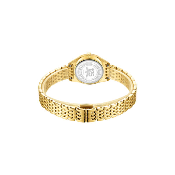 Rotary, Ultra Slim with a 27mm stainless steel yellow gold PVD coated case and bracelet featuring a date function and a silver guilloche dial.