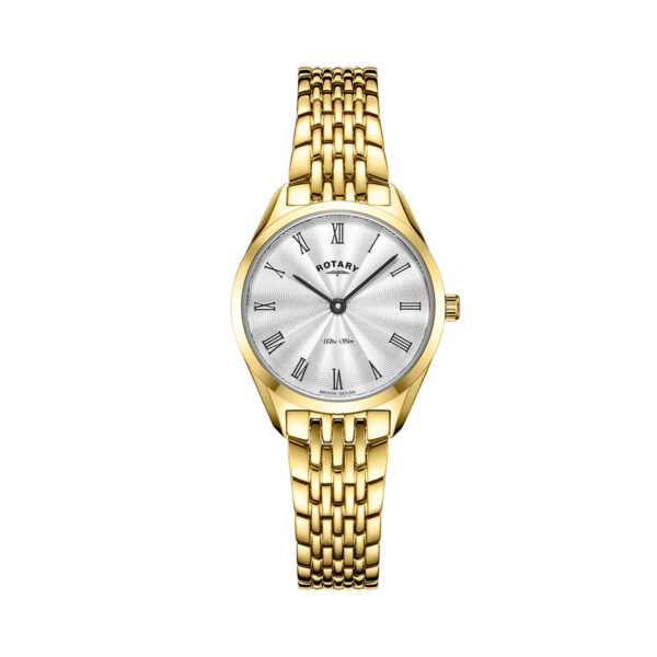 Rotary, Ultra Slim with a 27mm stainless steel yellow gold PVD coated case and bracelet featuring a date function and a silver guilloche dial.