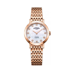 Rotary, Windsor with a 27mm stainless steel rose gold PVD coated case and bracelet strap featuring a mother of pearl diamond set dial.