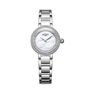 Rotary, Kensington with a 25mm stainless steel case and bracelet strap featuring a white mother of pearl dial with a double row crystal set bezel.