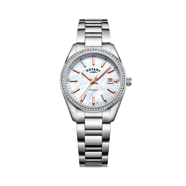 Rotary, Havana with a 31mm stainless steel case and bracelet strap featuring a date function and a mother of pearl dial with a crystal set bezel.