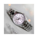 Rotary, Oxford Contemporary with a 28mm stainless steel case and bracelet strap featuring a pink diamond set dial.