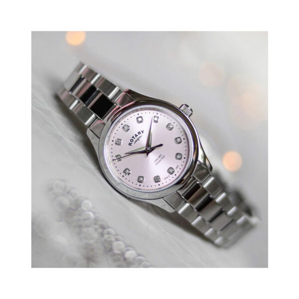 Rotary, Oxford Contemporary with a 28mm stainless steel case and bracelet strap featuring a pink diamond set dial.