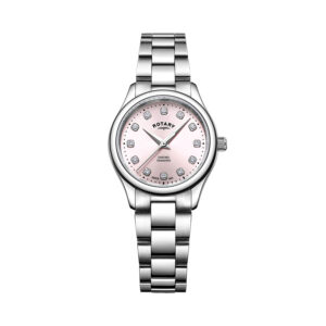 Rotary, Oxford Contemporary with a 28mm stainless steel case and bracelet strap featuring a pink diamond set dial.