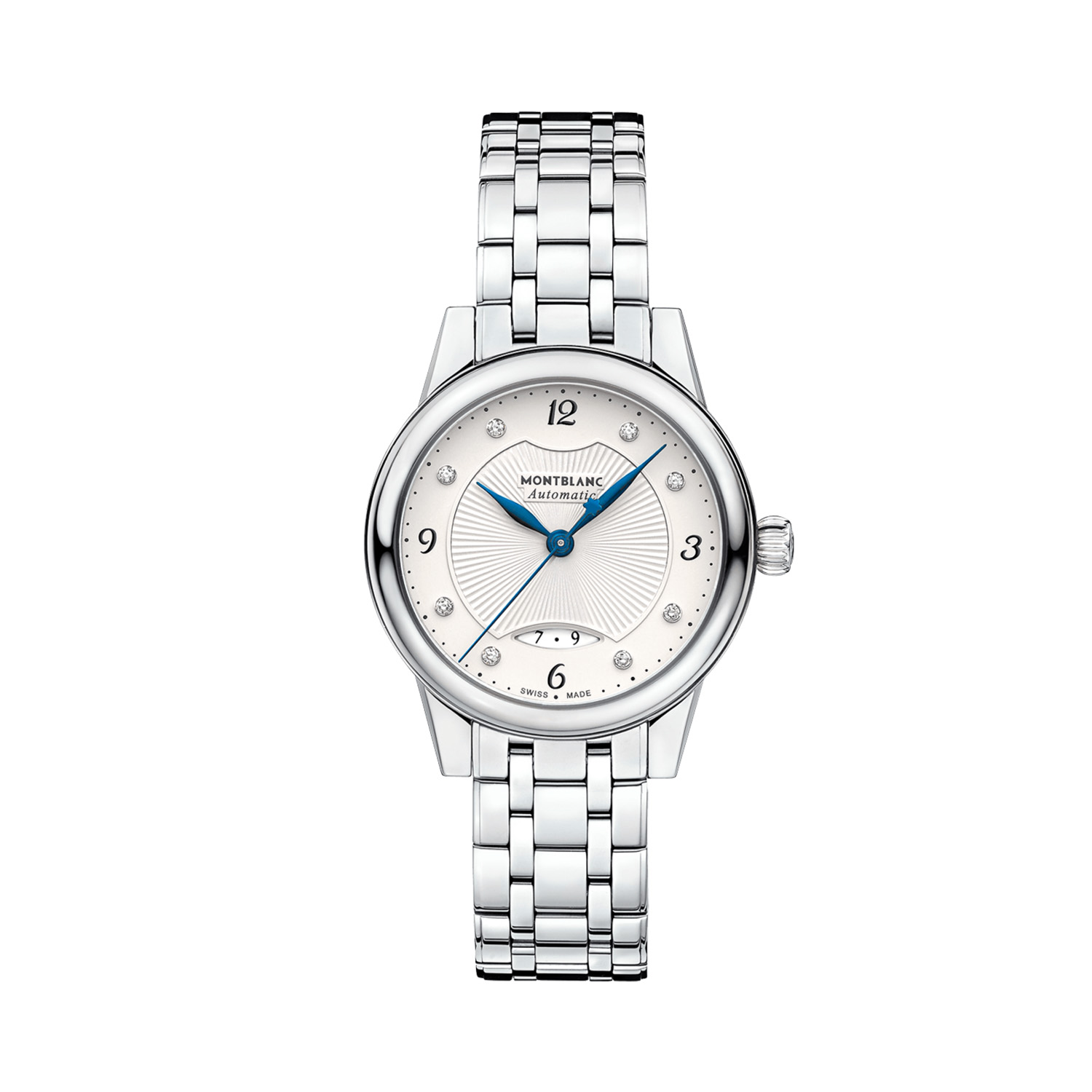 Montblanc, Bohème with a 28mm stainless steel case and bracelet strap featuring a date function and a diamond set white dial.