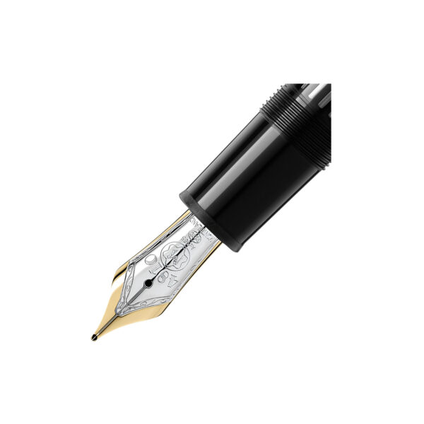 The Meisterstück LeGrand in deep black precious resin with platinum-coated details, surmounted by the white star emblem and finished with a handcrafted gold nib, evolves into a distinctive design icon.