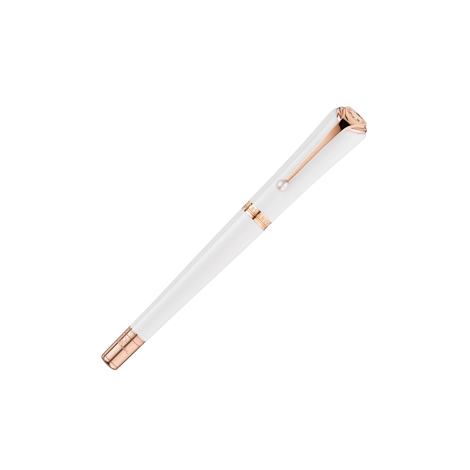 A Montblanc, Muses Marilyn Monroe Special Edition Pearl Rollerball pen crafted from white precious resin with rose gold-coated fittings set with a single pearl on the clip.
